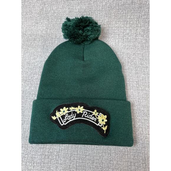 Lady Rider Black Velvet Flower Patch Hunter Green Cuff Pom Pom Beanie - Picture 4 of 4